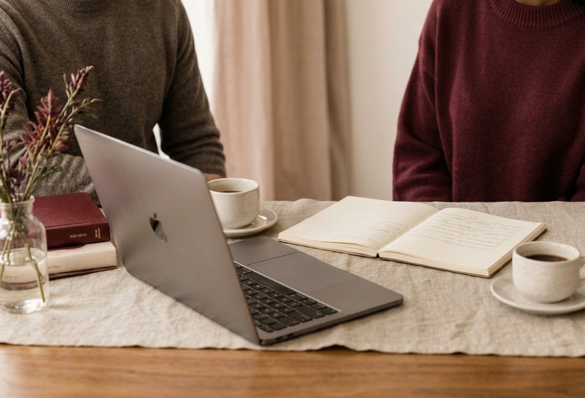MacBook, notebook and coffee on a table between two people, with faces and hands out of frame