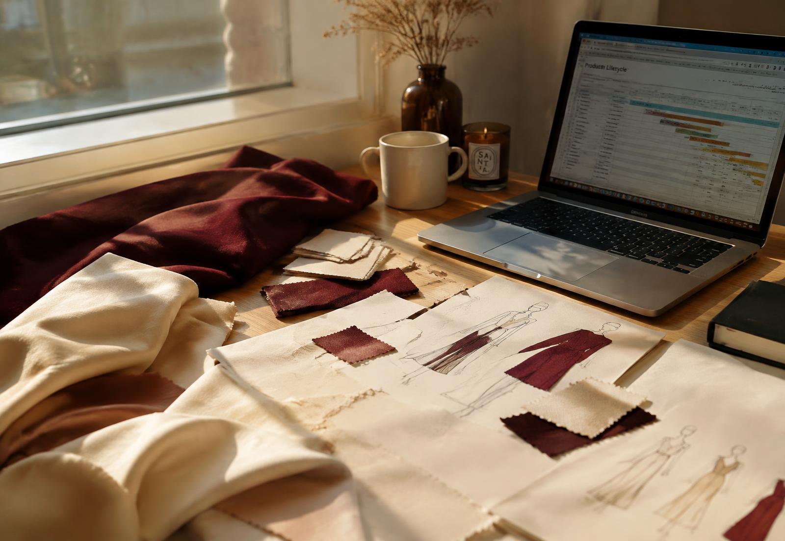 Design studio desk with fabric swatches and sketches